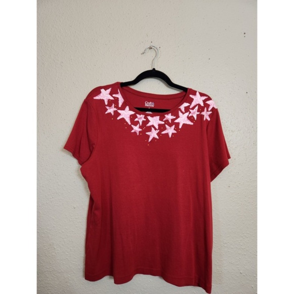 Croft & Barrow Women's Red Star Print Cotton Crew Neck Short Sleeve T-Shirt XL